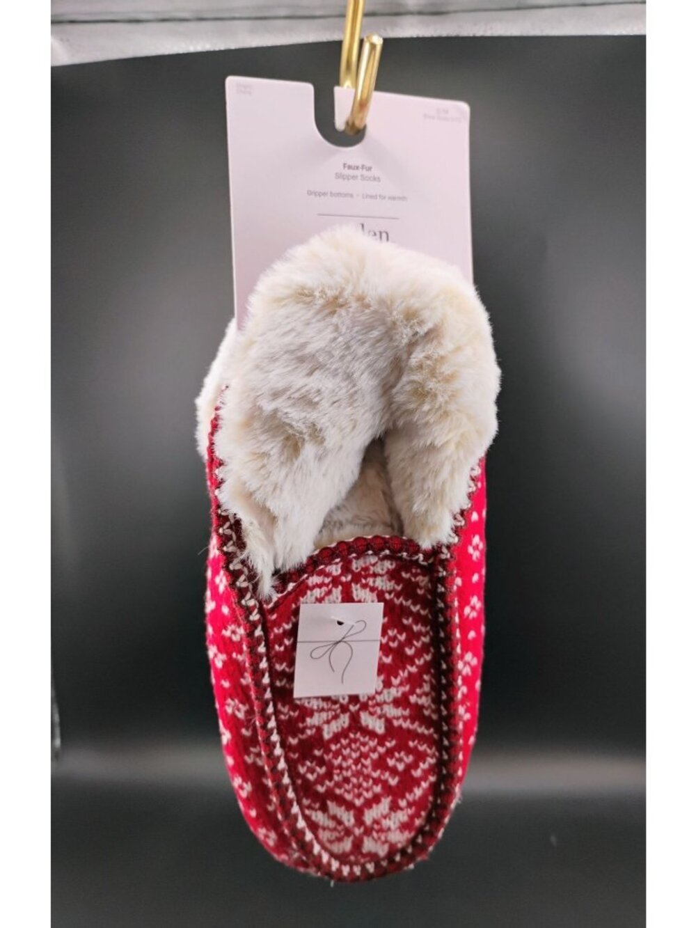 Faux-Fur Lined Red Knit Slipper Socks S/M Gripper Bottoms